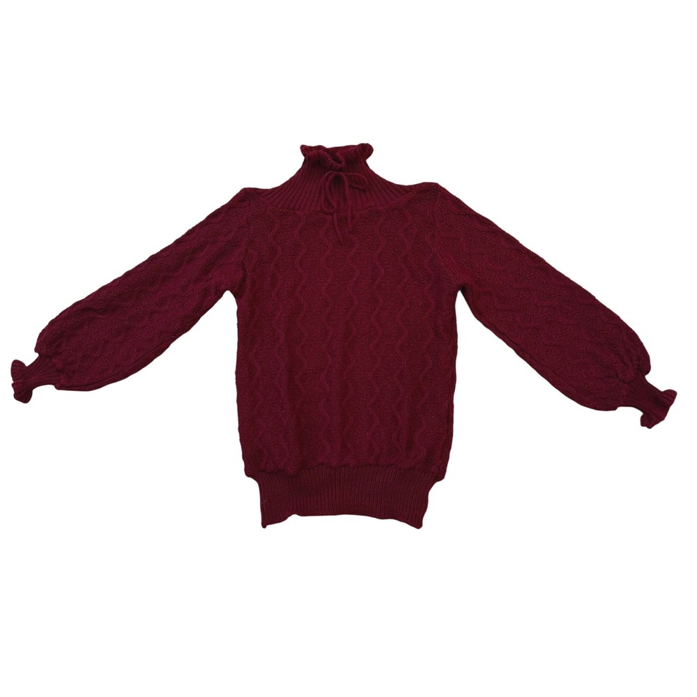 70s VTG Richard Shops Burgundy Cable Knit Ruffle Neck Balloon Sleeve Sweater M